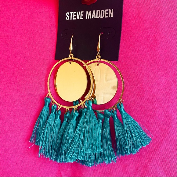 Gold & Teal Tassel Earrings Steve Madden Peacock Green Circular Hoops - Picture 1 of 5